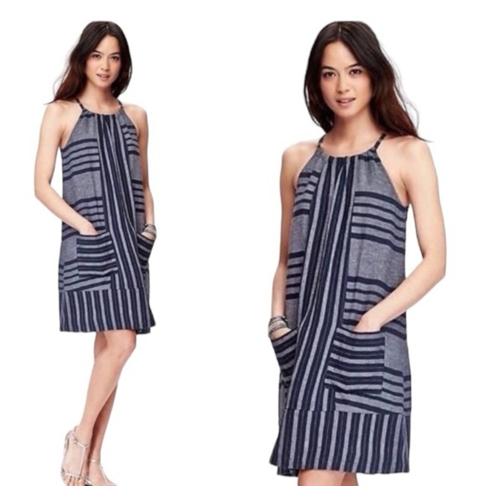 LOFT Navy and Gray Striped Mini Dress